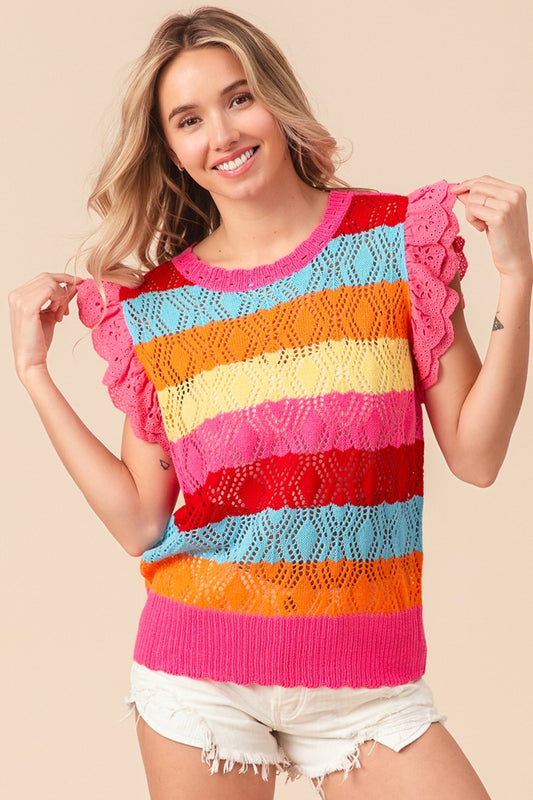 BiBi Pointelle Striped Ruffled Knit Top