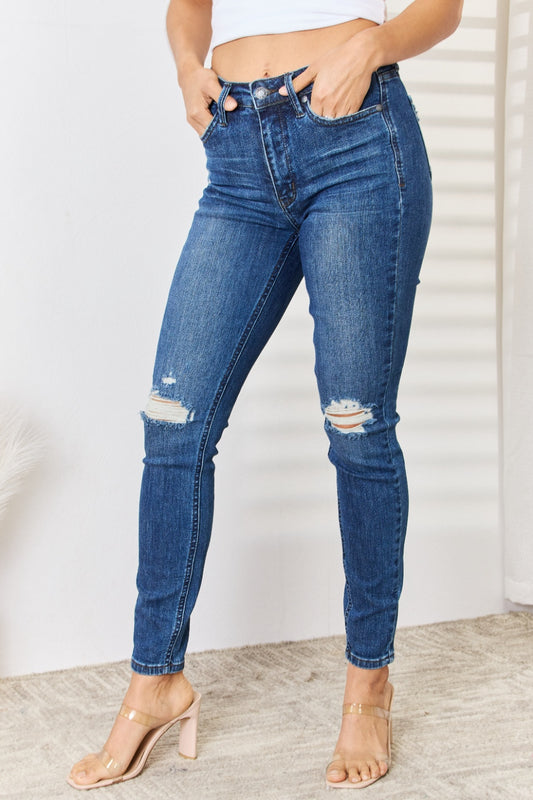 Judy Blue Full Size Mid Waist Distressed Slim Jeans